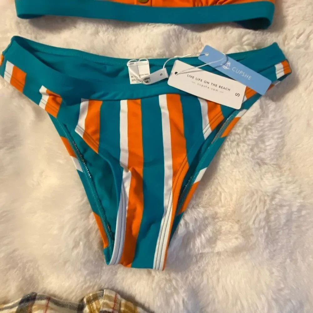 Cupshe Orange and Teal Striped Two-Piece Bikini Sz Small